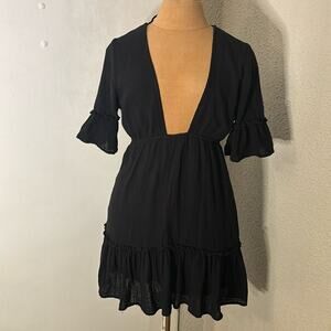 FAVLUX Black V-Neck Babydoll Mini Dress S Boho Costal Cowgirl Festival Indie LBD